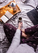 Flatay in winter mood. Woman with laptop and cup of coffee flatlay. Home office, lifestyle photo
