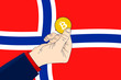 Bitcoin Norway - Hand holding up a bitcoin in front of the Norwegian flag. Norway is bullish on bitcoin concept. Flat vector illustration.