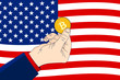 Bitcoin America - Hand holding up a bitcoin in front of the American flag. U.S.A is bullish on bitcoin concept. Flat vector illustration.