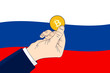 Bitcoin Russia - Hand holding up a bitcoin in front of the Russian flag. Russia is bullish on bitcoin concept. Flat vector illustration.