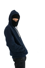 Masked thief isolated on white background.