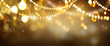 Christmas Gold glowing Background. Golden Holiday Abstract Glitter Defocused Backdrop With Blinking Stars and garlands. Tinsel Blurred gold Bokeh on black background. Festive defocused elegant border
