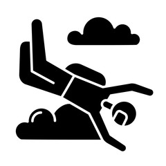 Sticker - Skydiving glyph icon. Sky diving. Freefall tricks. Skydiver jumping with parachute. Air extreme sport flight stunt. Parachutist flying in sky. Silhouette symbol. Vector isolated illustration