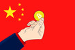Bitcoin China - Hand holding up a bitcoin in front of the Chinese flag. China is bullish on bitcoin concept. Flat vector illustration.