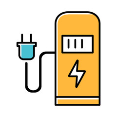 Sticker - Car charging station yellow color icon. Electric fuel pump for public usage. EV rechagging point. Filing terminal for electrified automobile. Smart energy. Isolated vector illustration