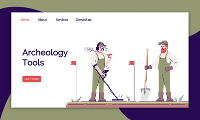 Wall Mural - Archeology tools landing page vector template. Field survey website interface idea with flat illustrations. Historical research homepage layout. Treasure searching web banner, webpage cartoon concept