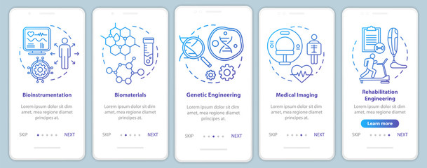 Bioengineering onboarding mobile app page screen vector template. Medical imaging. Bioinstrumentation. Walkthrough website steps with linear illustrations. UX, UI, GUI smartphone interface concept