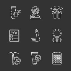 Sticker - Safe sex chalk icons set. Condom. Sober intercourse. Masturbation. Sex test. Contraceptive implant, ring. Intrauterine device. Spermicide. Calendar method. Isolated vector chalkboard illustrations