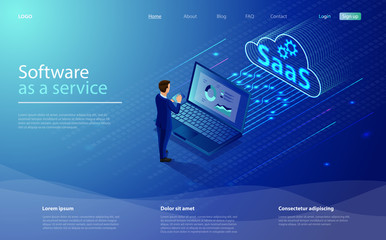 SaaS, software as a service. Cloud software on computers. Cloud software on computers, codes, app server and database. Saas software as a service business concept with character businessman.