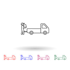 Poster - Man collects packing boxes in a pickup truck multi color icon. Simple thin line, outline vector of logistic icons for ui and ux, website or mobile application