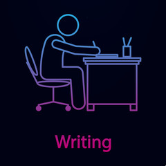 Poster - Worker is writing nolan icon. Simple thin line, outline vector of man in the office in fron of computer icons for ui and ux, website or mobile application