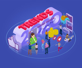 Poster - Trends in social network 2020. Flat 3d isometric banner. Chatbot, video broadcast, stories, SMM promotion, online analytics. Inspiration concept template layout, diagram. Vector illustration.