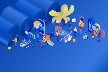 Poster - Social networks trends 2020. Dialogue with chat bot. Live broadcast. Earnings in social media. Opinion experts. Stories. Statistics and analytics. 3d isometric promotion vector illustration