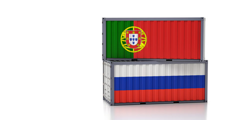 Two freight container with Portugal and Russia national flag. 3d rendering 