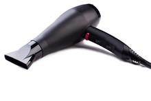 Black Hair Dryer On White Background. Electric Hair Dryer. Space For Text.