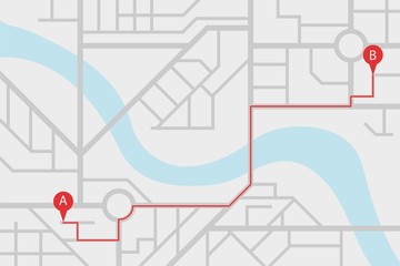 Sticker - City street map plan with GPS pins and navigation route from A to B point markers. Vector gray color illustration schema