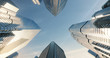 © ouh_desire - Low angle shot from ground to sky of city skyscrapers. 3D render