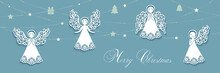 Merry Christmas Card With Angels And Gifts On Garland