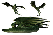 Set Of Three Green Dragon In Different Poses Isolated On White, 3d Render.