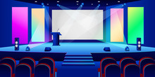 Conference Hall Interior. Empty White Presentation Screen In Dark Auditorium. Vector Illustration