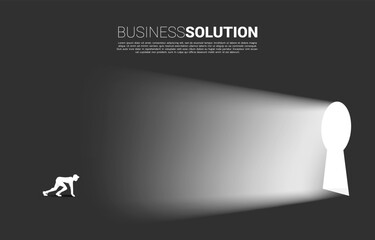 Poster - silhouette of businessman ready to run out to key hole door. Find the solution concept vision mission and goal of business