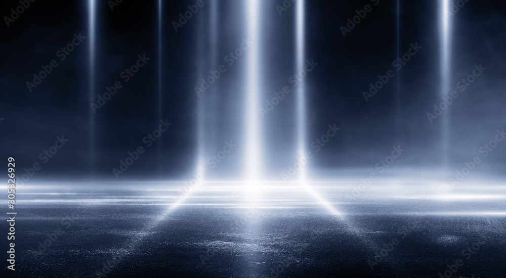 3D rendering abstract dark empty scene blue neon light on black ...