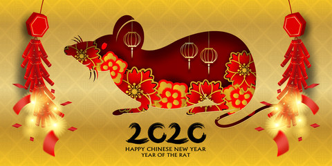 Wall Mural - 2020 Happy Chinese New Year. Design with flowers and rat on gold background. paper art style. happy rat year. Vector.