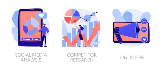 Poster - SMM analytics, audience segmentation. Product advertising strategy development. Social media analysis, competitor research, online PR metaphors. Vector isolated concept metaphor illustrations