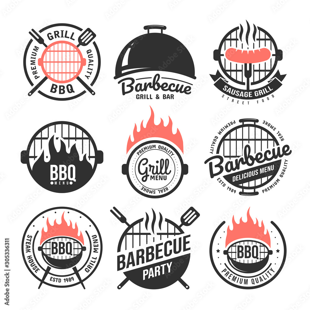 Barbecue and grill labels set. BBQ emblems and badges collection. Restaurant menu design elements. Vector illustration - obrazy, fototapety, plakaty 