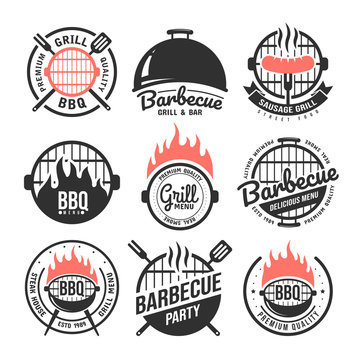 Wall Mural - Barbecue and grill labels set. BBQ emblems and badges collection. Restaurant menu design elements. Vector illustration