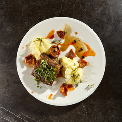 Poster - Beef brisket and mashed potato on white plate