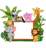 Cartoon wild animals holding blank board