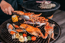 Lobster And Mix Seafood Barbecue Cokking On Grill