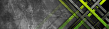 Tech Green Stripes On Abstract Grey Grunge Corporate Header Banner. Vector Geometric Background