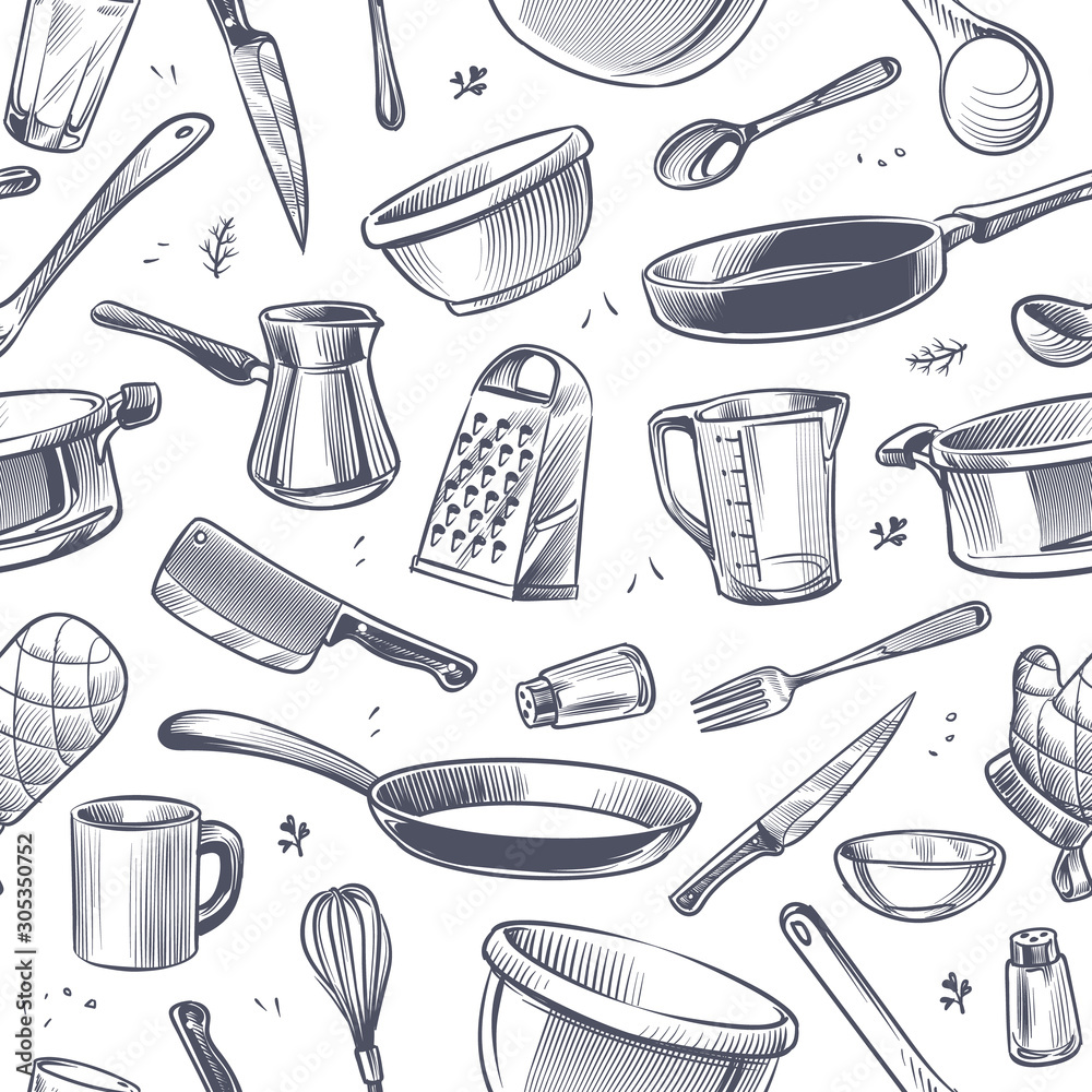 Cooking utensils seamless pattern. Sketch kitchen tool, kitchenware. Pan,  knife and fork, grater chef utensils vector gastronomy texture Stock Vector  | Adobe Stock, image size:1000x1000