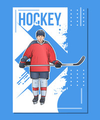 Wall Mural - Vector illustration of ice hockey player standing with stick. Winter sports poster on abstract background