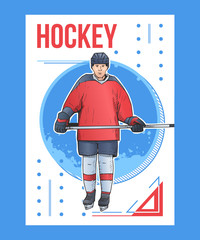 Wall Mural - Vector illustration of ice hockey player standing with stick. Winter sports poster on abstract background