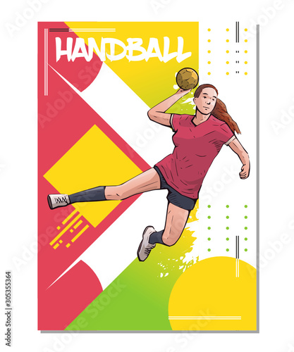 Plakaty Piłka ręczna  ilustracja-wektorowa-kobiecego-pilkarza-skaczacego-i-gotowy-do-rzutu-pilka-tematyka-sportowa