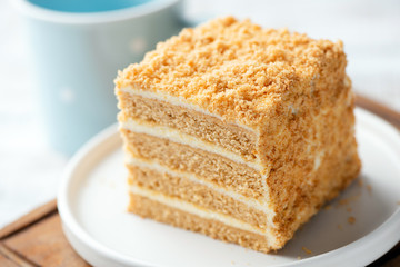 Wall Mural - Layered honey cake slice in square shape on a plate. Closeup view. Tasty delicious cake with pastry cream and honey biscuit layers