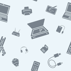 Fototapete - Electronic devices background - Vector seamless pattern solid silhouettes of technique and computer for graphic design