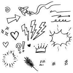 Wall Mural - hand drawn set elements, black on white background. arrow, heart, love, star, leaf, sun, light, crow