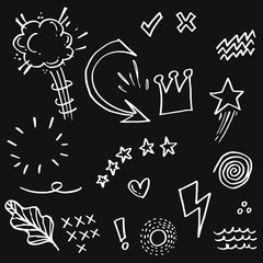 Wall Mural - doodle set elements, white on black background. Arrow, heart, love, star, leaf, sun, light, crown, king, queen, emphasis ,swirl, speech bubbles, comics, for concept design.