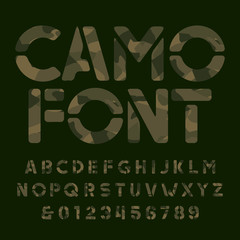 Poster - camo alphabet font. stencil camouflage letters and numbers on a dark background. vector typescript f