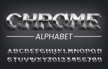 Poster - chrome alphabet font. 3d effect oblique metallic letters, numbers and symbols with shadow. stock vec