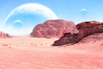 Wall Mural - landscape with sand desert, rock and planets in sky