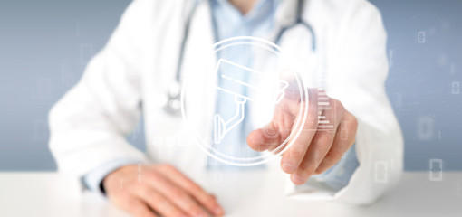 Poster - Doctor holding a Security camera system icon and statistics data - 3d rendering