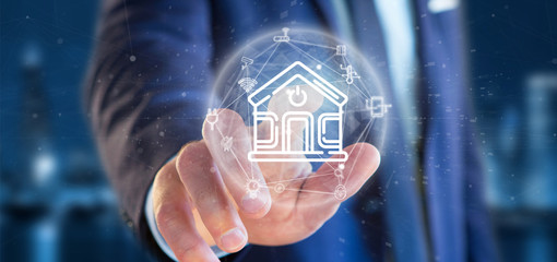 Poster - businessman holding smart home interface with icon, stats and data 3d rendering