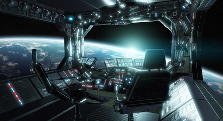 Poster - Spaceship grunge interior control room with view on space 3D rendering elements of this image furnished by NASA