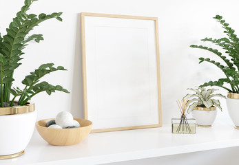 Aufkleber - Golden frame leaning on white shelve in interior with plants and decorations mockup 3D rendering