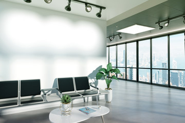 Poster - Blank wall in waiting room mockup with large windows and sun passing through 3D rendering